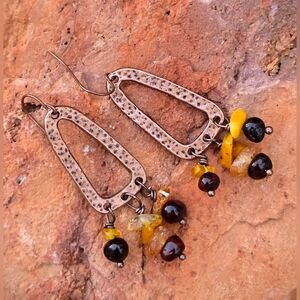 Celtic Inspired Natural Ambers In Weathered Hammered Earrings In Antique Copper